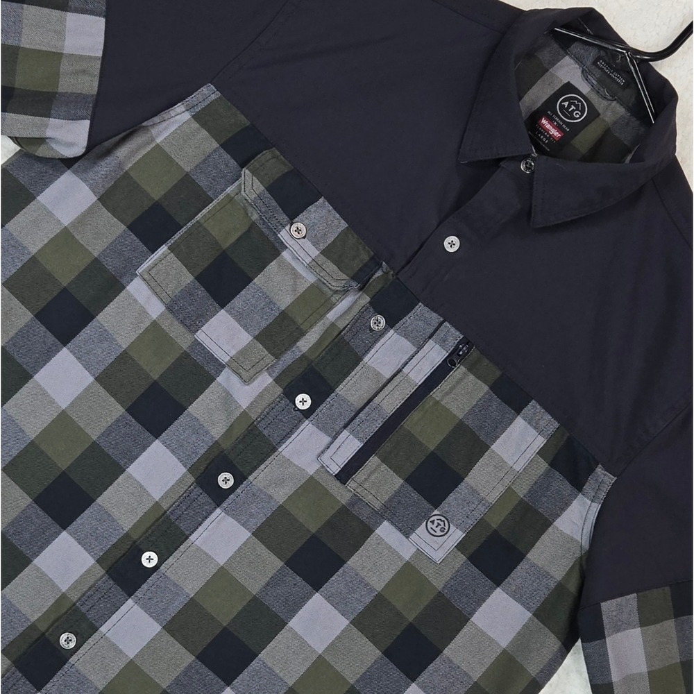 Wrangler ATG Shirt Mens L Green Plaid Flannel Hybrid Utility Trekking Yoke - Picture 2 of 13